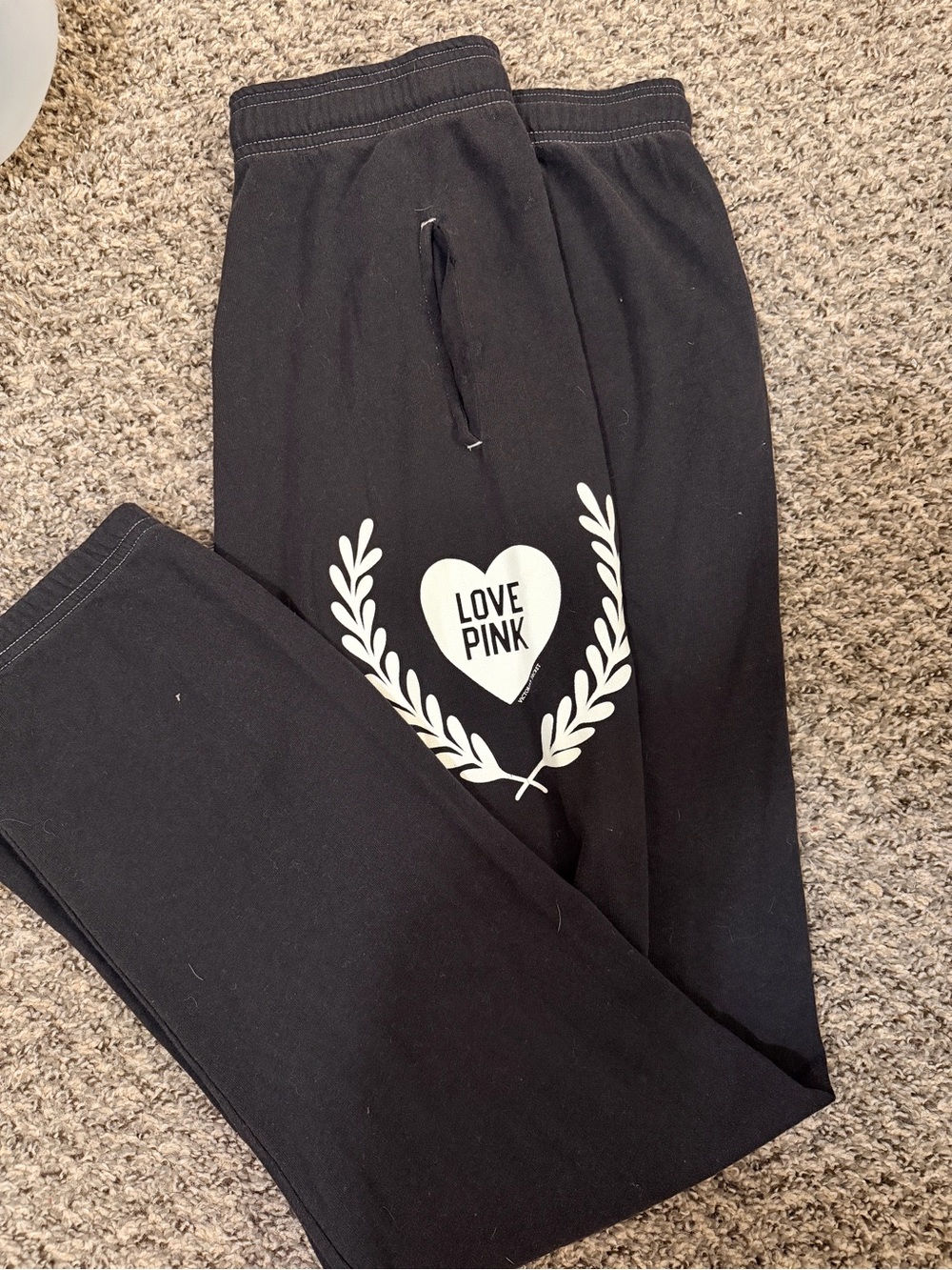 PINK Victoria's Secret Black Track Pants with White Heart Logo